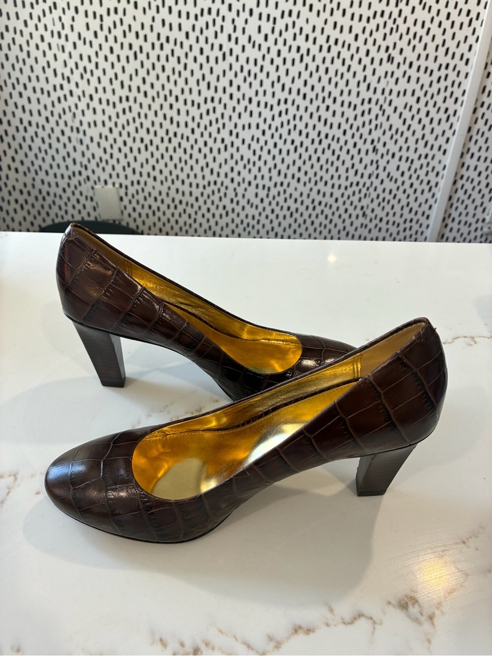 Coach Brown Croc-Embossed Block Heel Pumps with Gold Interior